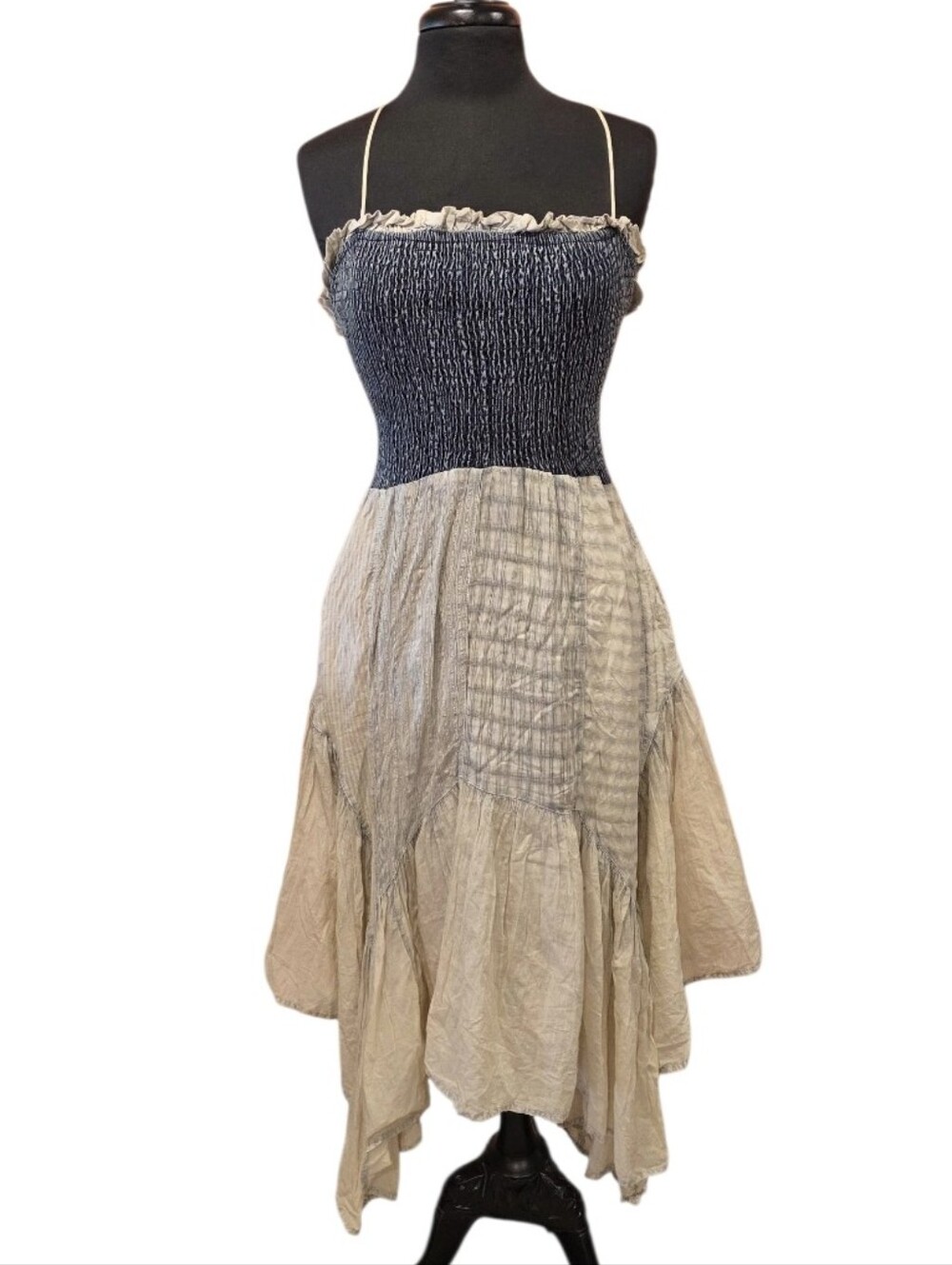Smocked Navy Bodice Cream Midi Sundress with Spaghetti Straps
